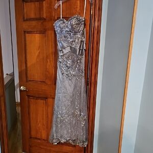 Jovani Silver Beaded Strapless Lace Maxi Dress
